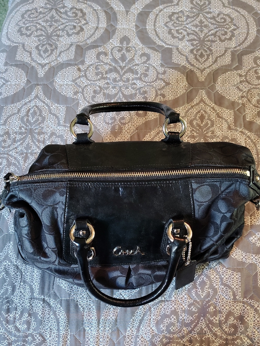 Coach Black Signature Pattern with Patent Trim And Silver Hardware - Picture 2 of 8